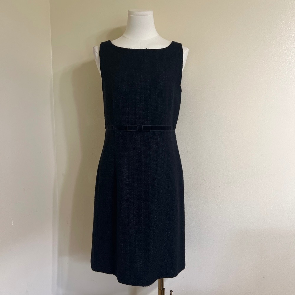 Gap Women Black Tweed Wool Blend Sheath Dress Velvet Bow Waist Sleeveless 6
